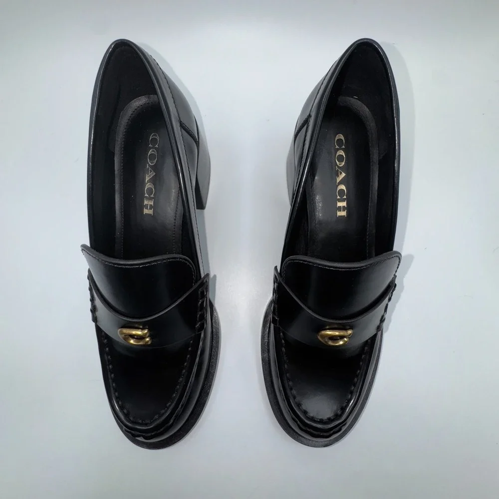 Coach Natalie‎ Womens Loafer 6 Black Leather Block Heels Chunky Sole Y2K Shoes
